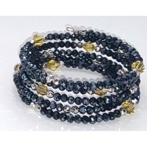 Elegant Navy Blue Faceted Crystal Coil Bracelet with‎ Gold Accents